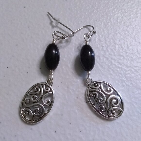 Silver Swirl Filigree & Black Jasper Bead Earrings ~ Feminine Power Tribal Vibes - Picture 7 of 9